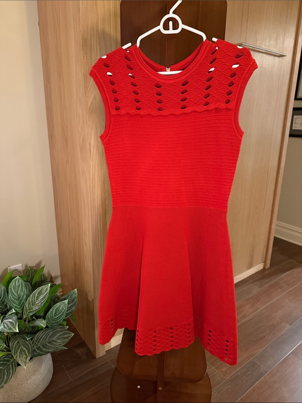 Ted Baker Red Eyelet-Detail Knit Fit & Flare Dress